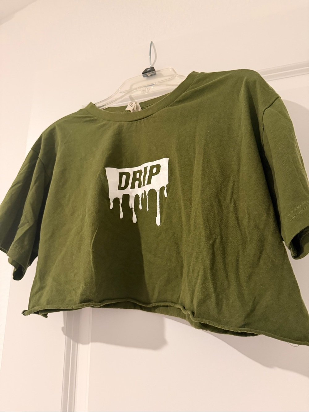 Solid Olive Green 'DRIP' Cropped Tee - Juniors/Womens